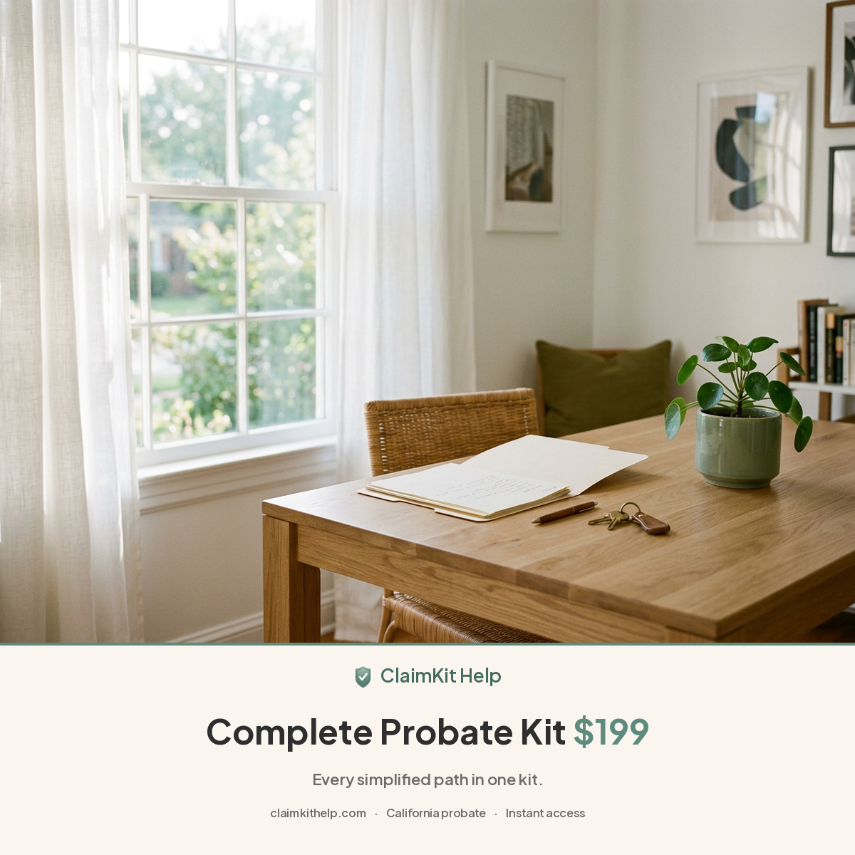 Sunlit California dining room with an open document folder, pen, and house keys on a wood table. ClaimKit Help Complete Probate Kit, $199.