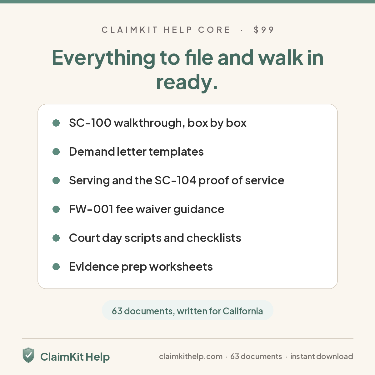 What's inside ClaimKit Help Core: SC-100 walkthrough, demand letter templates, SC-104 proof of service, FW-001 fee waiver, court day scripts, evidence prep. 63 documents, $99